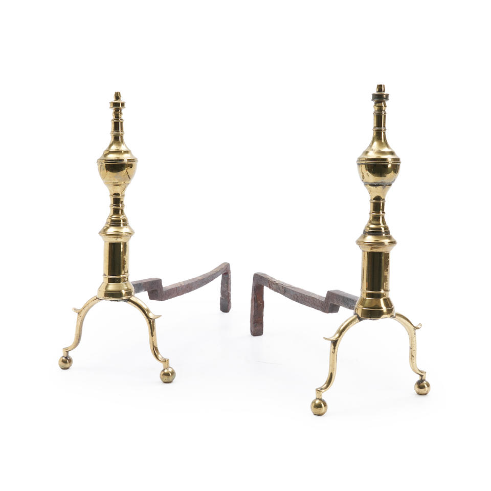 Pair of Small Federal Brass Andirons, Boston, Massachusetts, c. 1800.