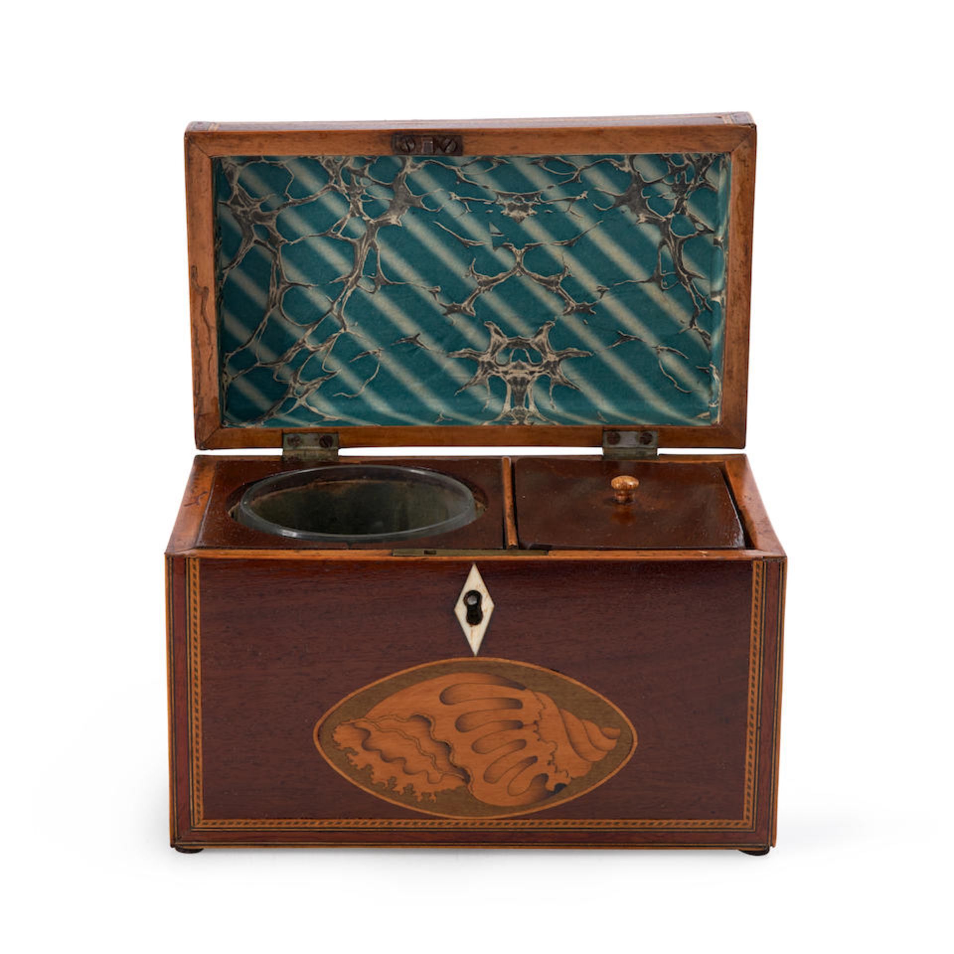 George III Satinwood- and Harewood-inlaid Mahogany Tea Caddy, England, c. 1775.