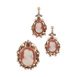 AN ANTIQUE 14K BI-COLOR GOLD, AGATE CAMEO AND PEARL BROOCH AND EARRING SET