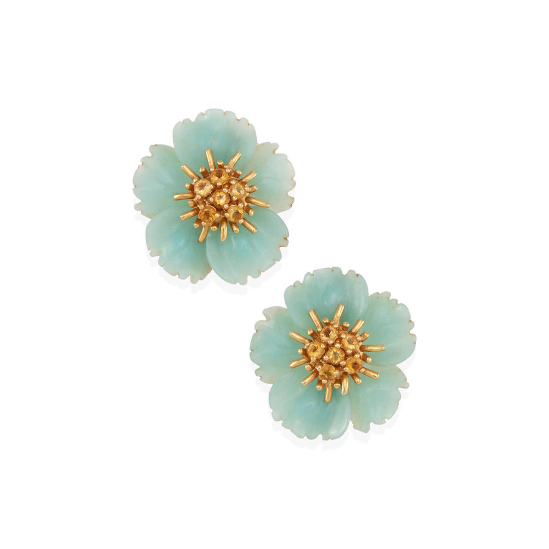 A PAIR OF 18K GOLD AND GEM-SET FLORAL EARRINGS