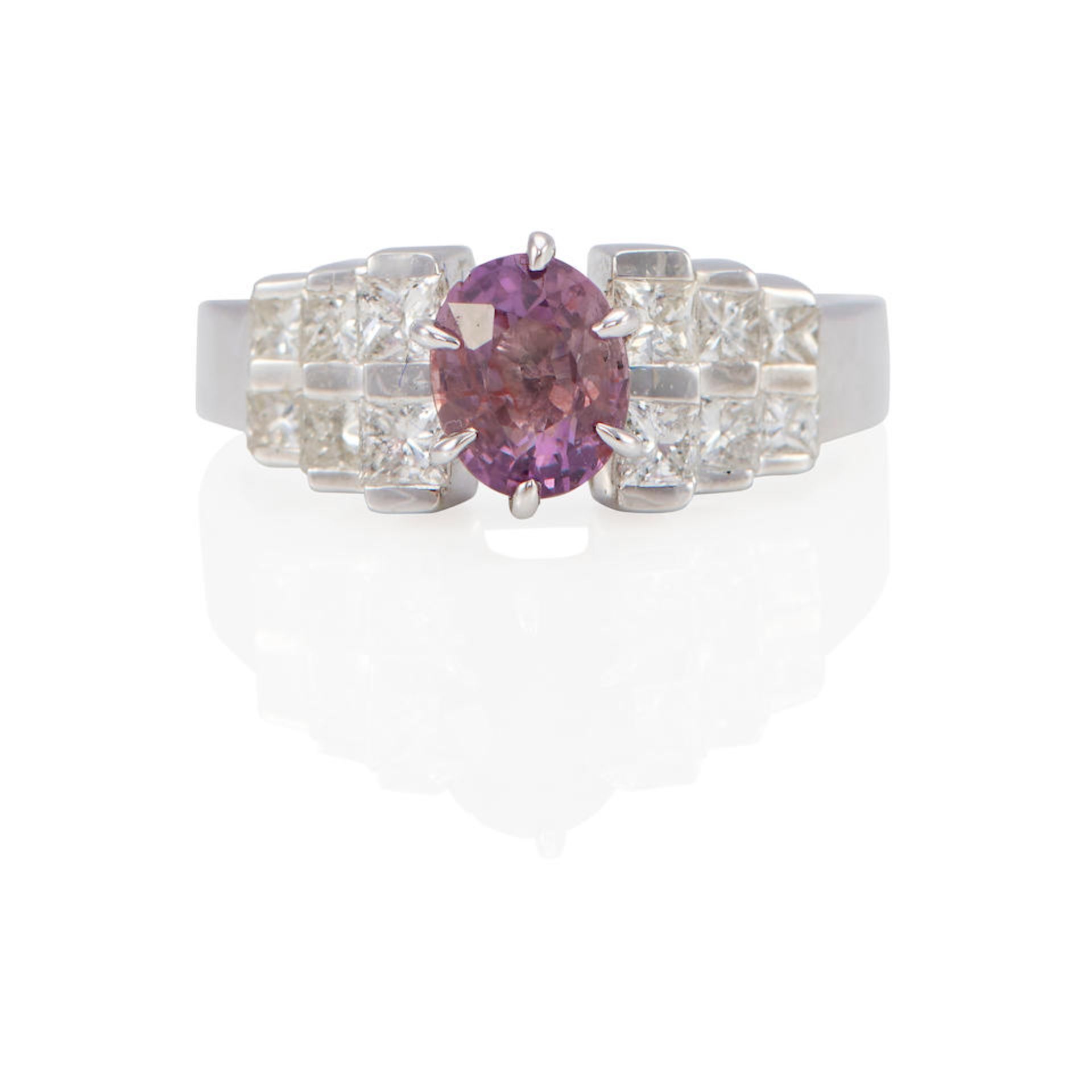 A 14K WHITE GOLD, ORANGE-PINK SAPPHIRE AND DIAMOND RING