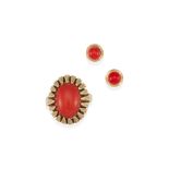 AN 18K GOLD AND CORAL RING AND EARRING SET