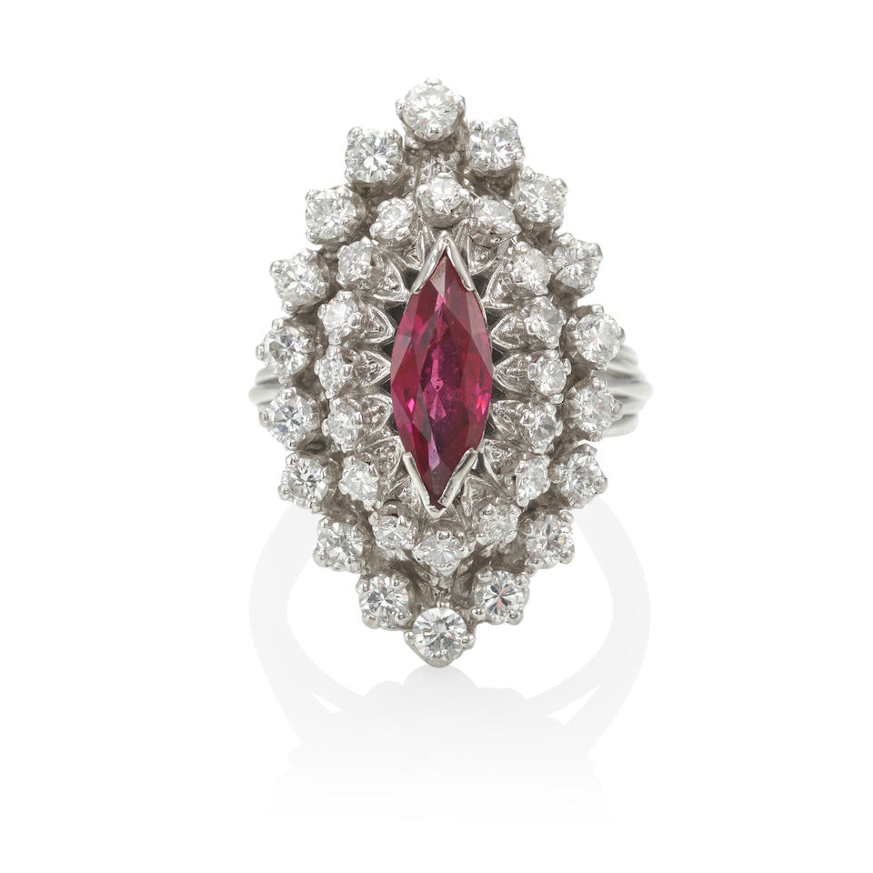 AN 18K WHITE GOLD, RUBY AND DIAMOND RING