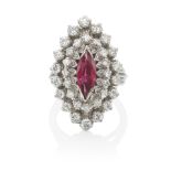 AN 18K WHITE GOLD, RUBY AND DIAMOND RING