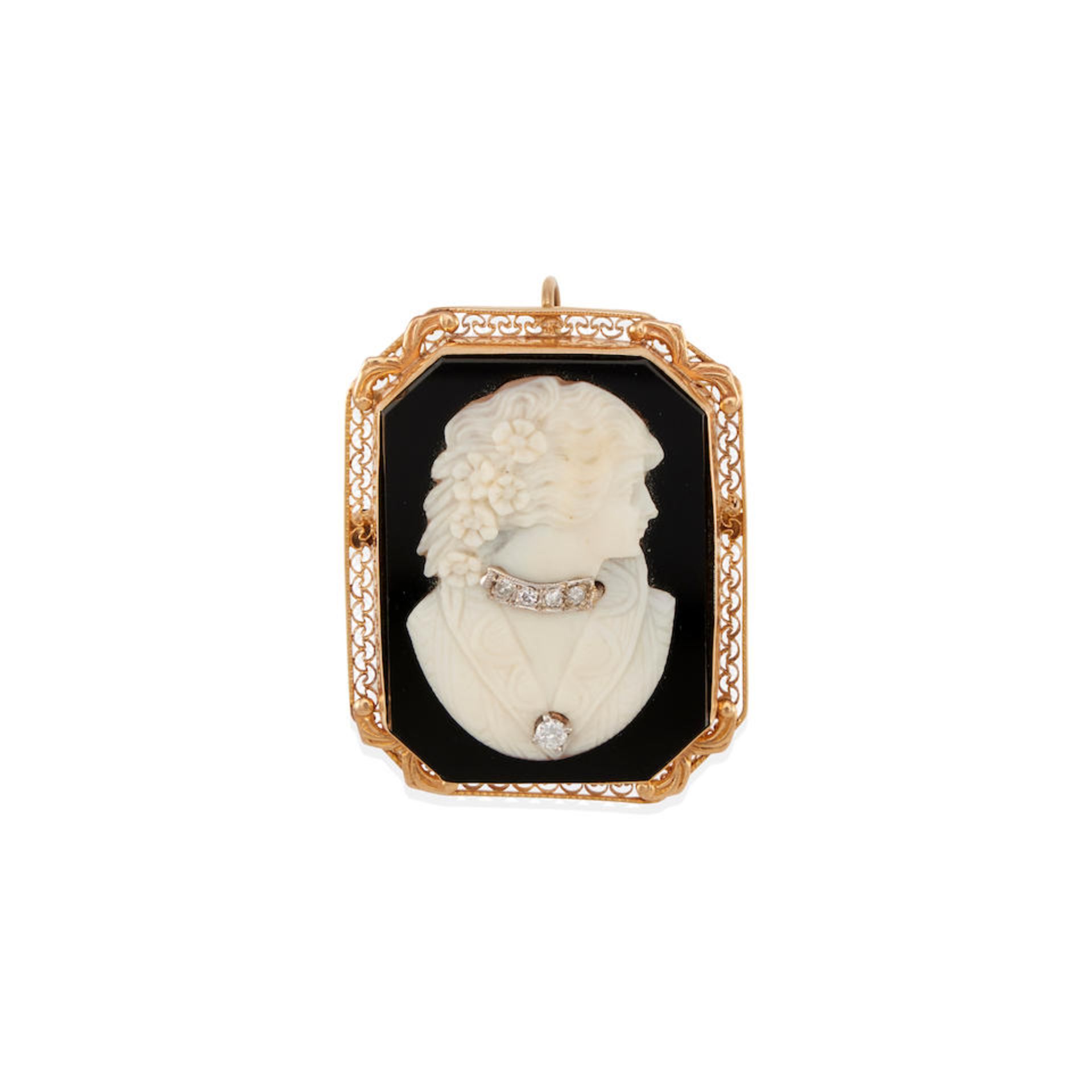 A 14K GOLD, ONYX AND DIAMOND CAMEO BROOCH PENDANT