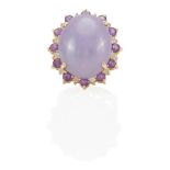 A 14K GOLD, LAVENDER JADE, AMETHYST AND DIAMOND RING