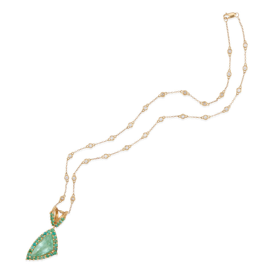 A 14K GOLD, PARAIBA-TYPE TOURMLAINE AND DIAMOND PENDANT NECKLACE