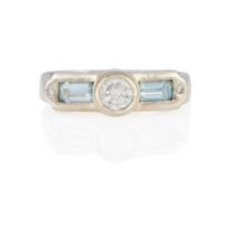 A 14K WHITE GOLD, DIAMOND AND BLUE TOPAZ RING