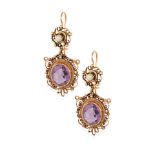 A PAIR OF 14K GOLD AMETHYST AND CULTURED PEARL DROP EARRINGS