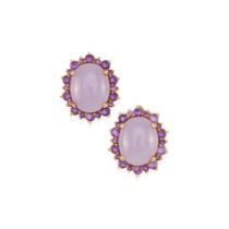 A PAIR OF 14K GOLD, LAVENDER JADE AND AMETHYST EARRINGS