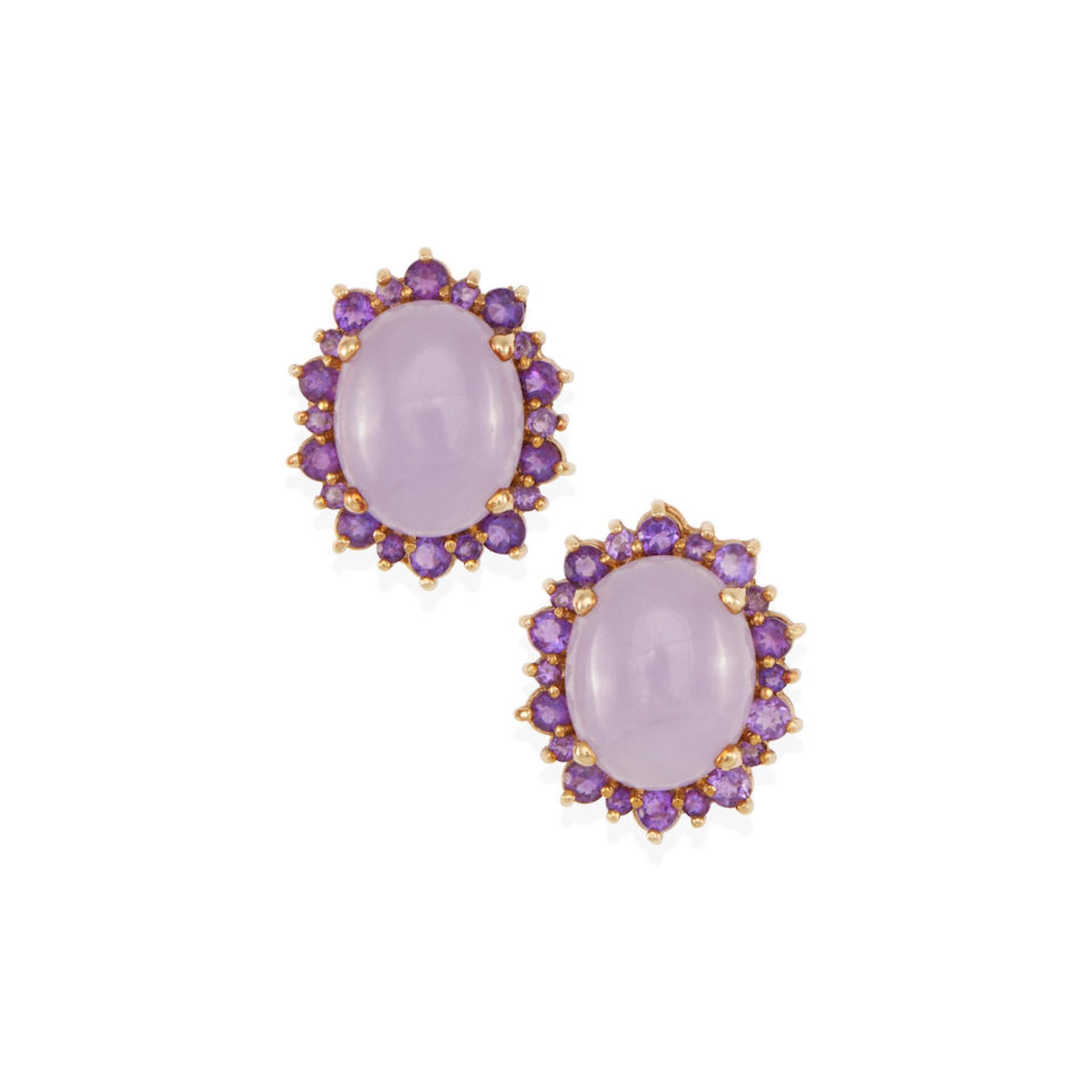 A PAIR OF 14K GOLD, LAVENDER JADE AND AMETHYST EARRINGS