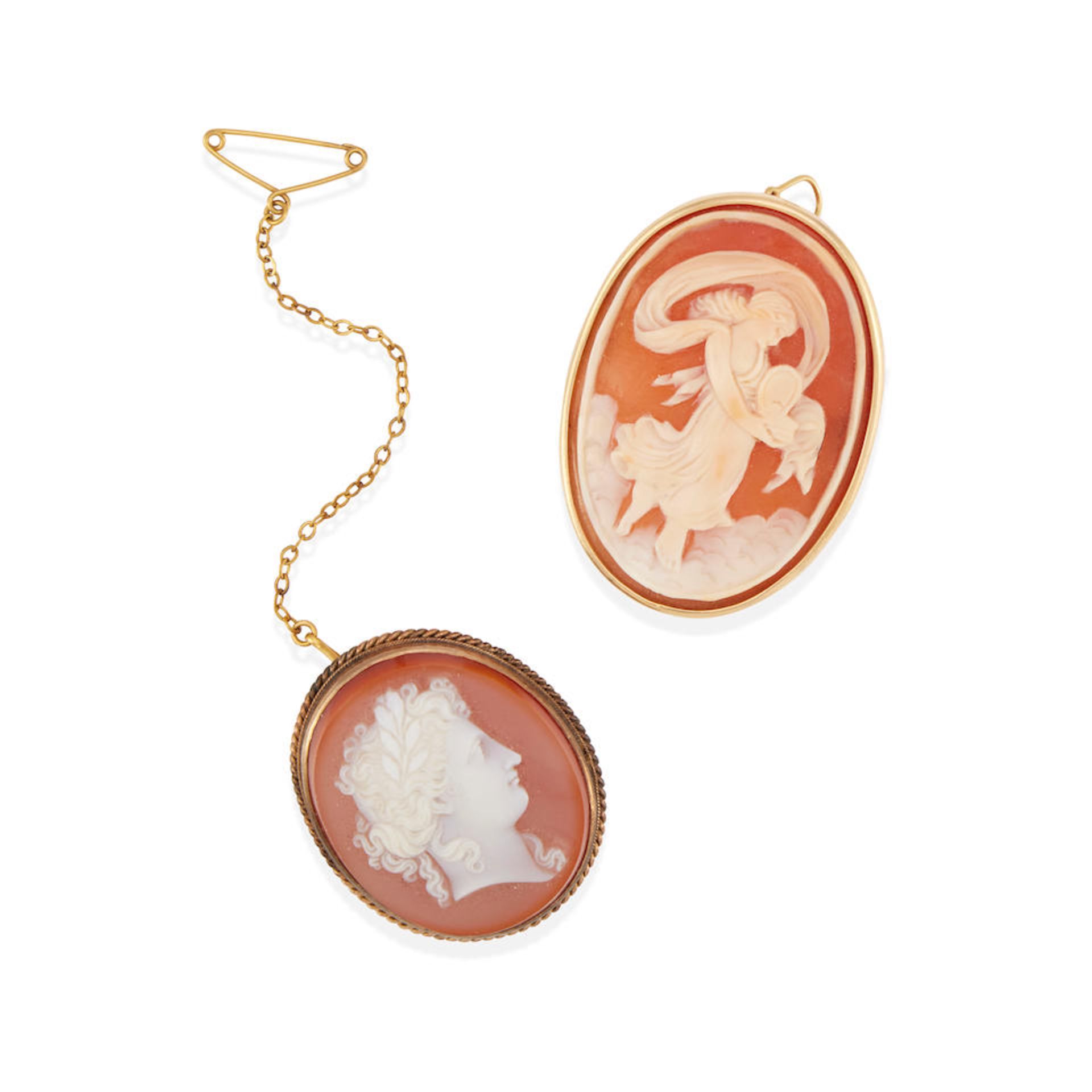 TWO GOLD SHELL CAMEO PENDANT BROOCHES