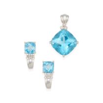 A 14K WHITE GOLD, BLUE TOPAZ AND DIAMOND PENDANT AND EARRING SET