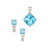 A 14K WHITE GOLD, BLUE TOPAZ AND DIAMOND PENDANT AND EARRING SET