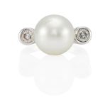 AN 18K WHITE GOLD, SOUTH SEA CULTURED PEARL AND DIAMOND RING