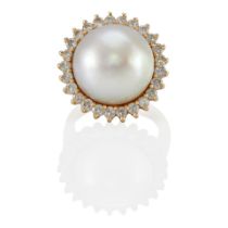 A 14K GOLD, MABÉ PEARL AND DIAMOND RING