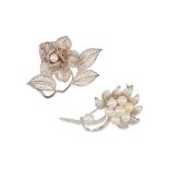 TWO SILVER AND CULTURED PEARL FLOWER BROOCHES
