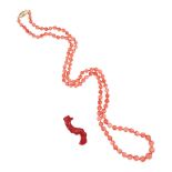 A 14K GOLD CORAL BEAD NECKLACE AND BRANCH BROOCH