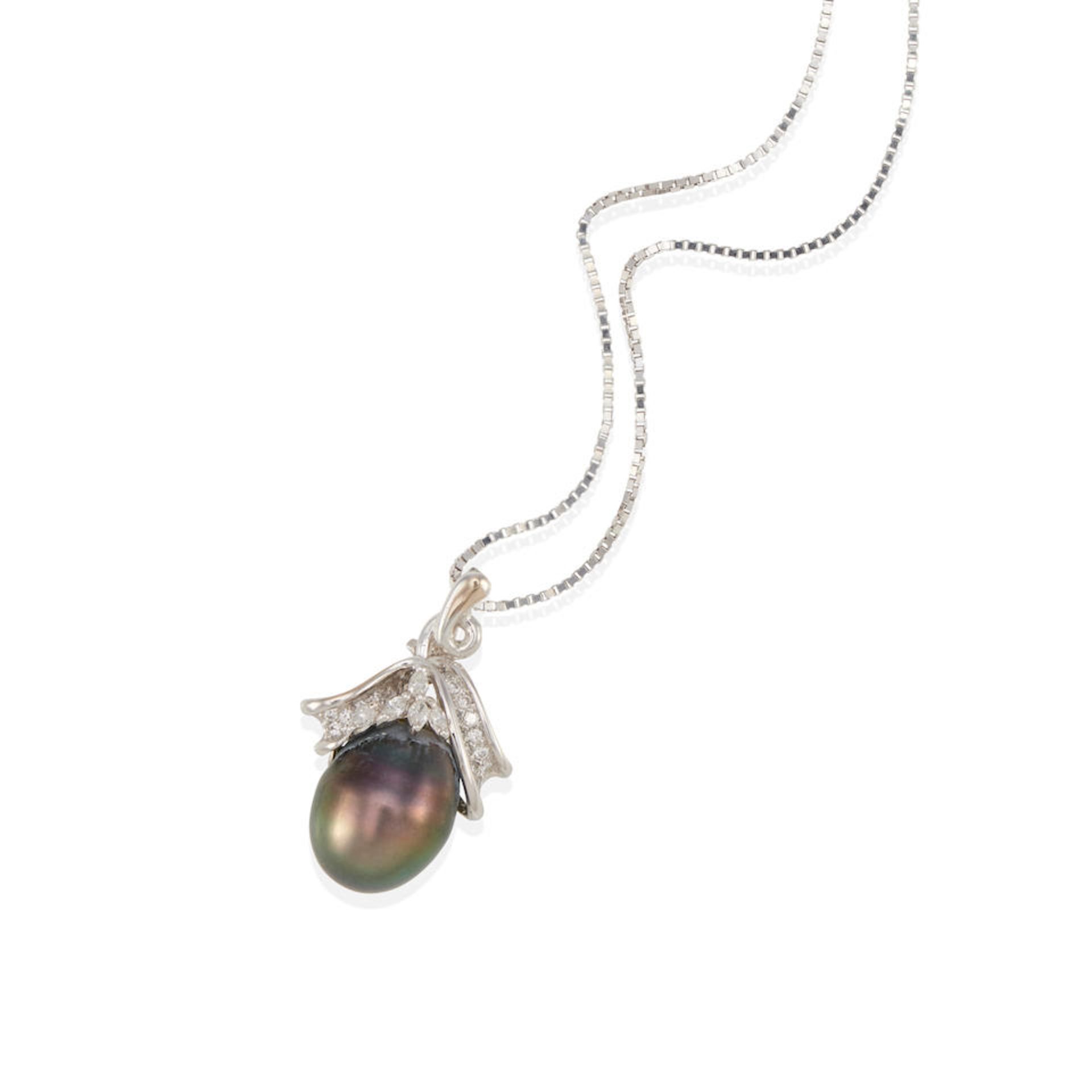 AN 18K WHITE GOLD, BLACK CULTURED PEARL AND DIAMOND PENDANT ENHANCER