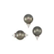 AN 18K WHITE GOLD, BLACK CULTURED PEARL, AND DIAMOND RING AND EARRING SET