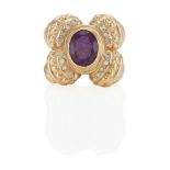 A 14K GOLD, AMETHYST AND DIAMOND RING