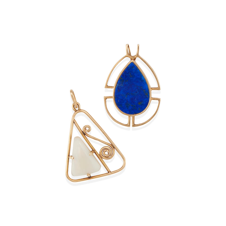 TWO 14K GOLD, LAPIS LAZULI AND OPAL PENDANTS