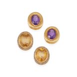 TWO PAIRS OF 14K GOLD AND GEM-SET EARCLIPS