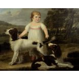 English School, circa 1800 Portrait of a boy with his spaniels, stood before a landscape