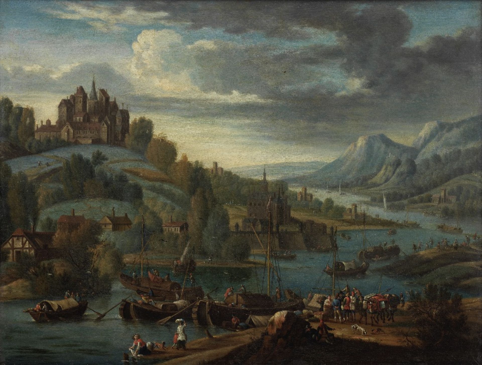 Attributed to Robert Griffier (London circa 1675-1727) An extensive river landscape with a hills...