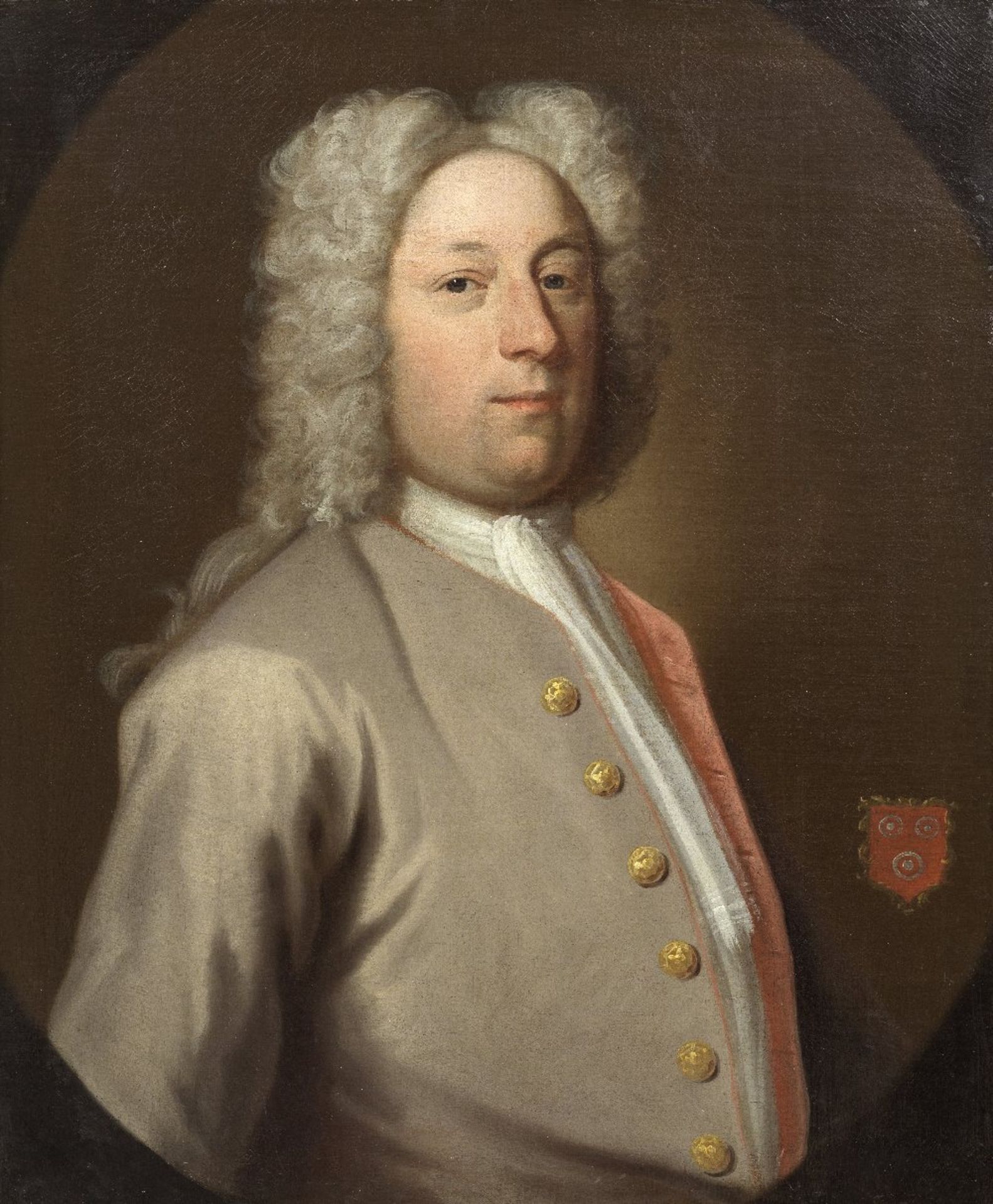 English School, 18th Century Portrait of Philip Musard, bust-length, in a grey coat, within a pa...