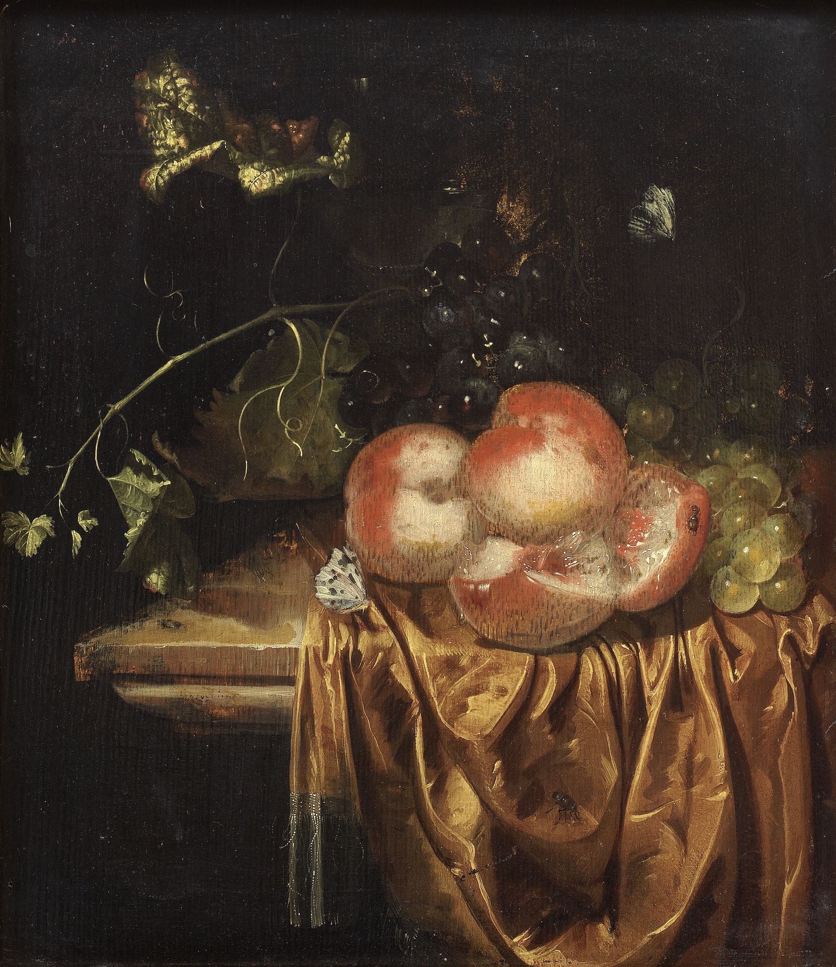 Harmen Loeding (Leiden circa 1637-1673) Still life of peaches and grapes with a roemer on a drap...