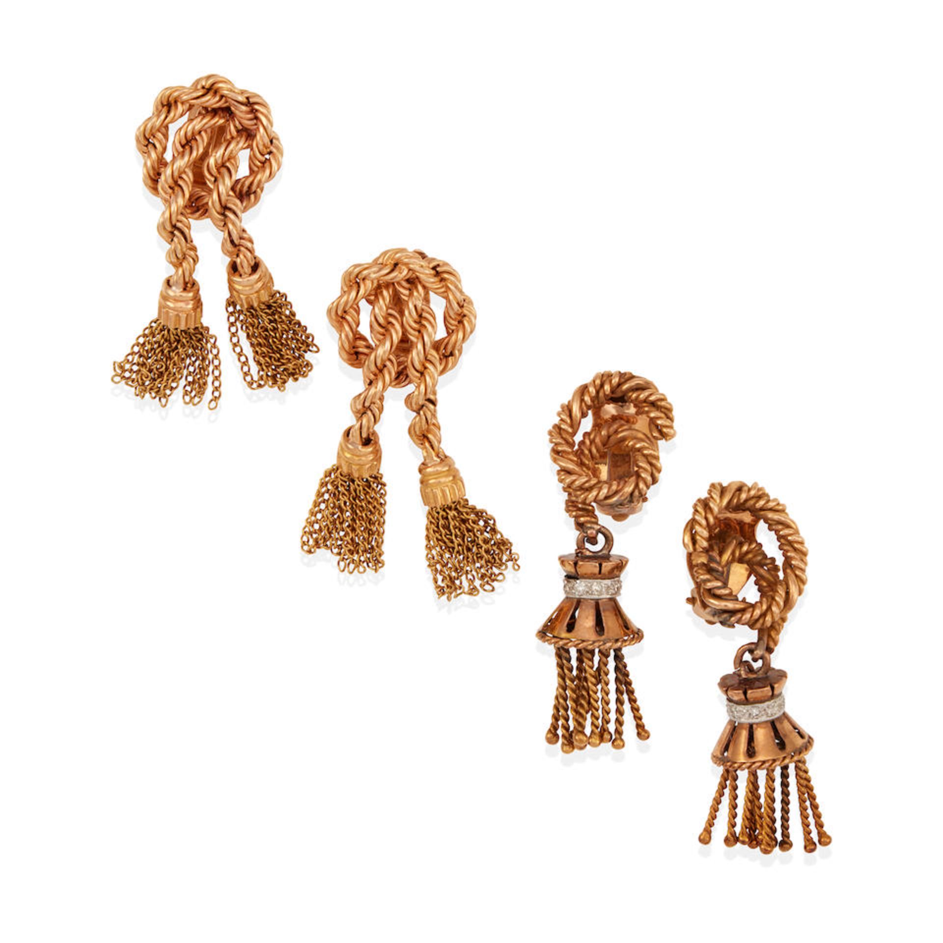 TWO PAIRS OF GOLD AND DIAMOND TASSEL EARCLIPS