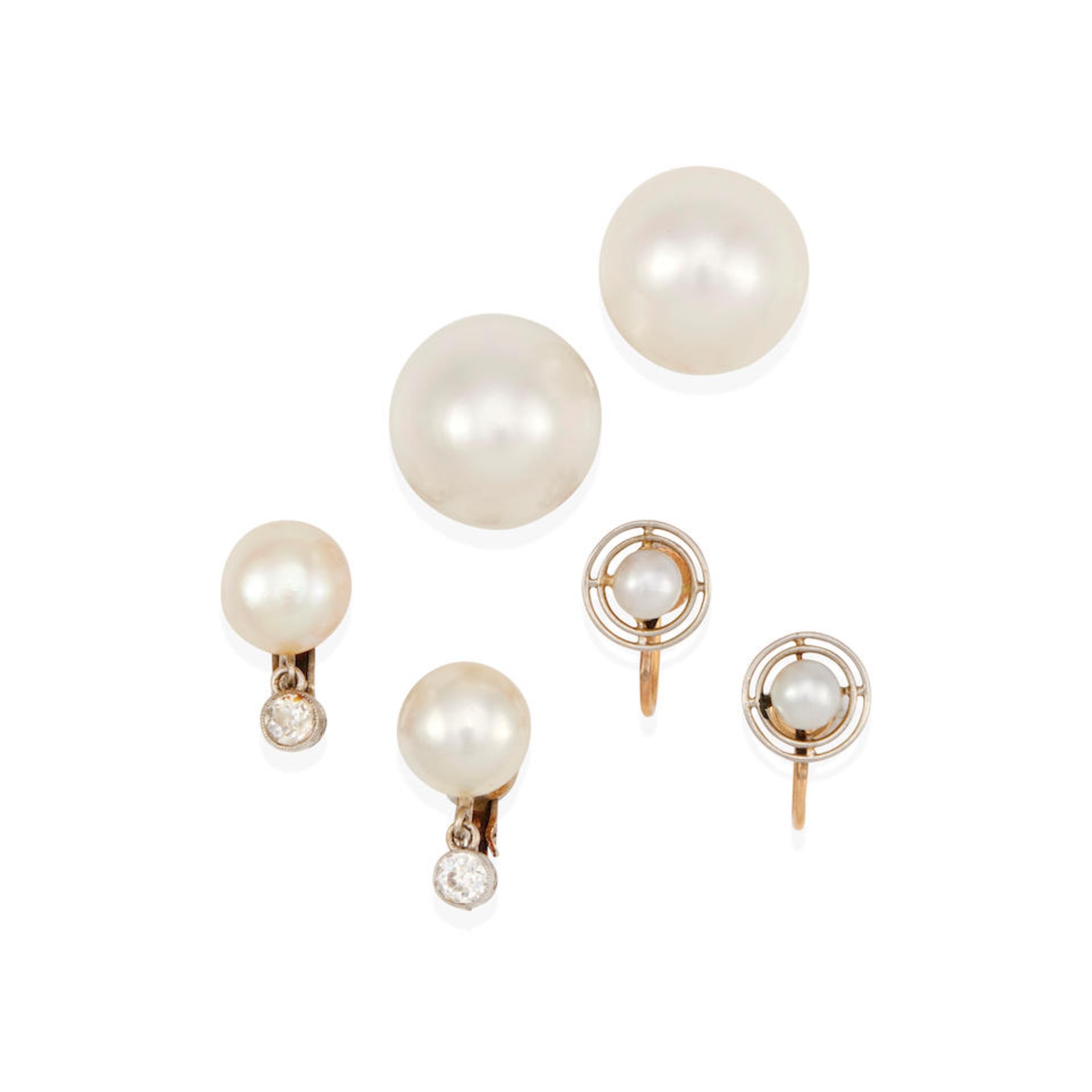 THREE PAIRS OF BI-COLOR GOLD AND CULTURED PEARL EARCLIPS