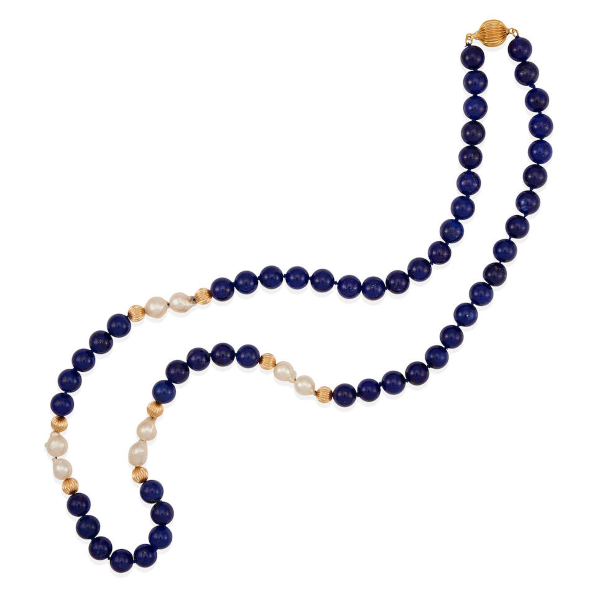 A 14K GOLD, LAPIS LAZULI AND CULTURED PEAR NECKLACE