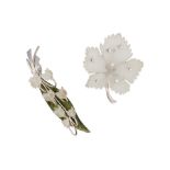 TWO WHITE GOLD, ROCK CRYSTAL, NEPHRITE AND DIAMOND BROOCHES