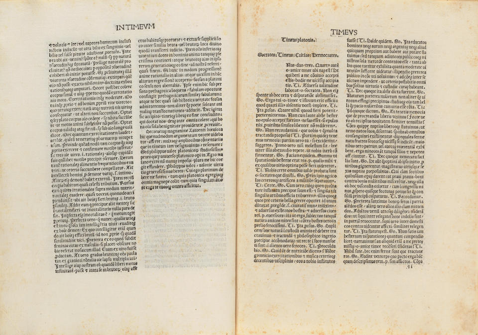 [PLATO] EXCEPTIONALLY RARE FIRST PRINTING OF THE TIMAEUS. PLATO. FICINO, MARCELLO, Translator. T... - Image 3 of 5