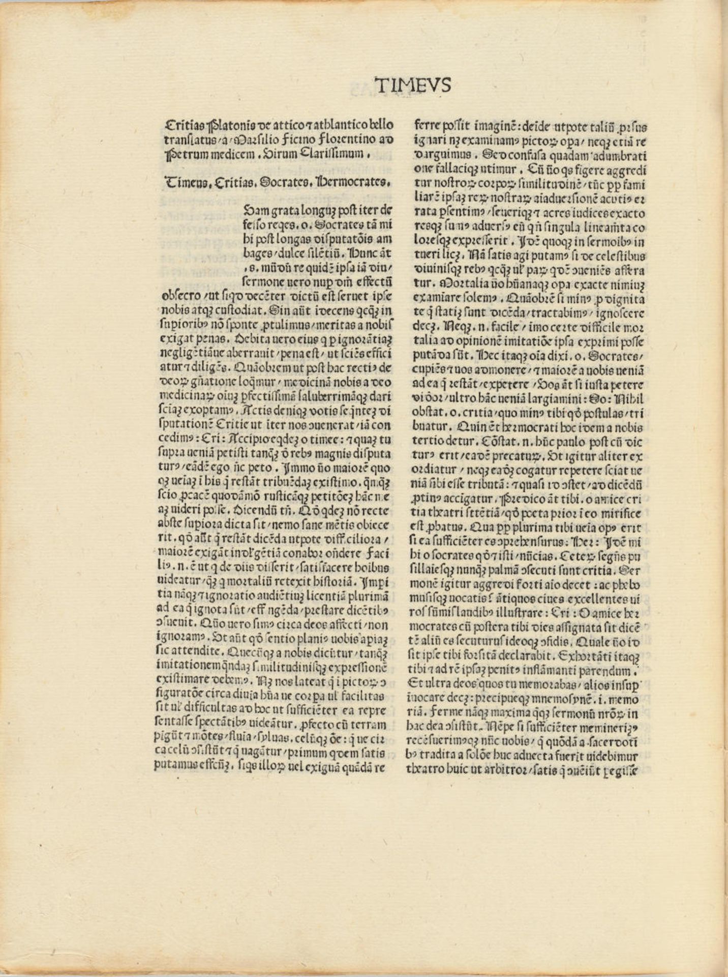 [PLATO] EXCEPTIONALLY RARE FIRST PRINTING OF THE TIMAEUS. PLATO. FICINO, MARCELLO, Translator. T...