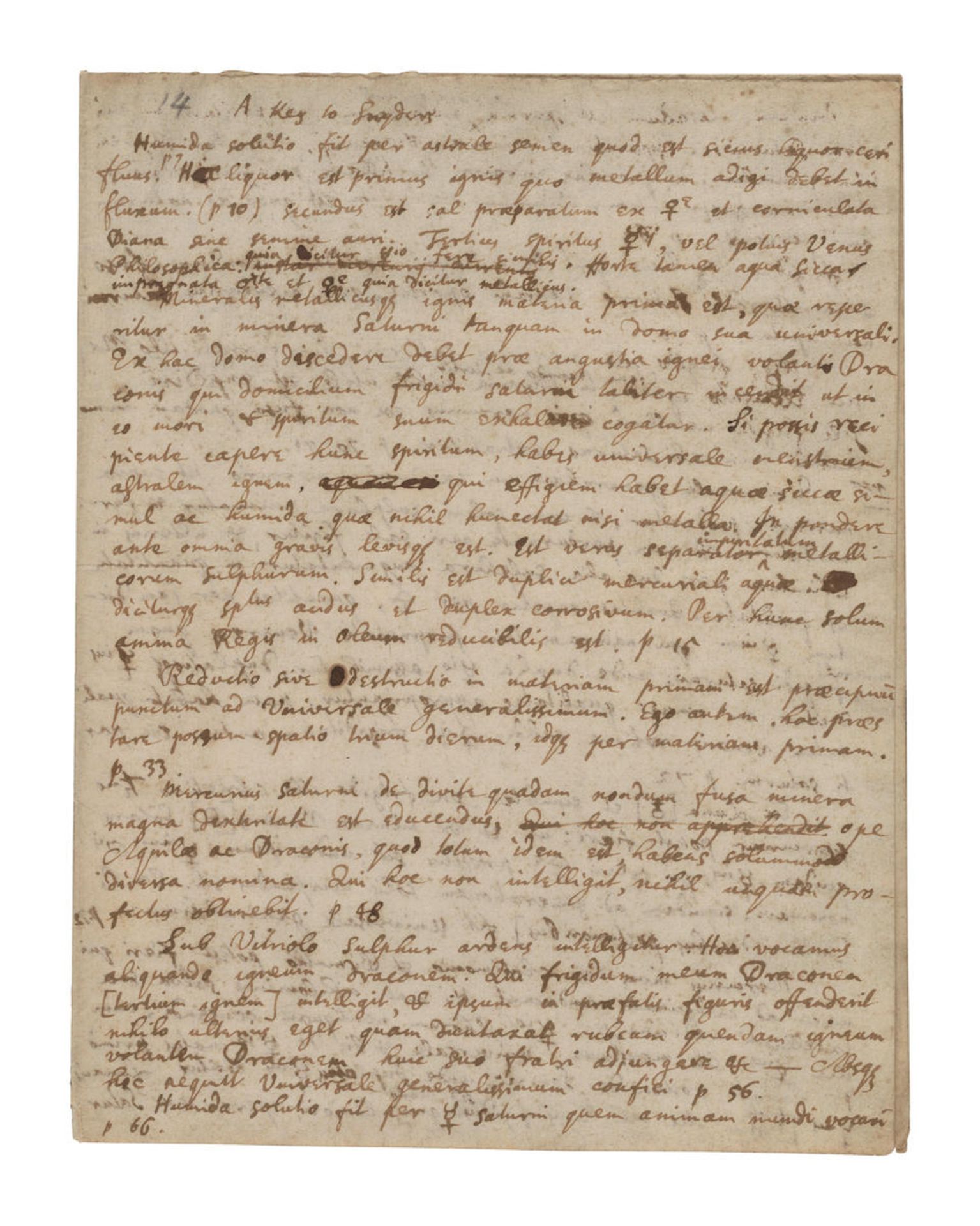 NEWTON'S ALCHEMY: A 'KEY' TO NEWTON'S SCIENCE. NEWTON, ISAAC. 1642-1727. Autograph alchemical ma...