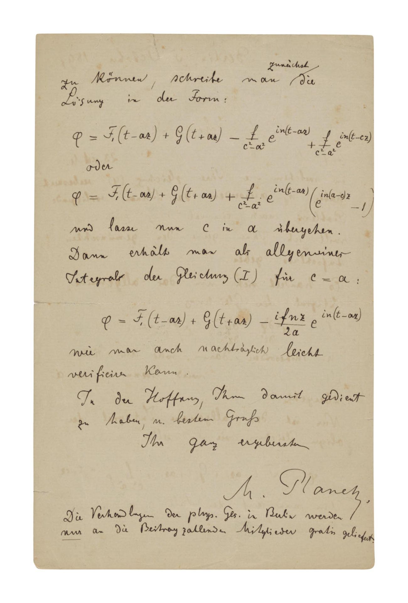 PLANCK SOLVES A COMPLEX PROBLEM FOR HIS FORMER STUDENT. PLANCK, MAX. 1858-1947. Autograph Letter...