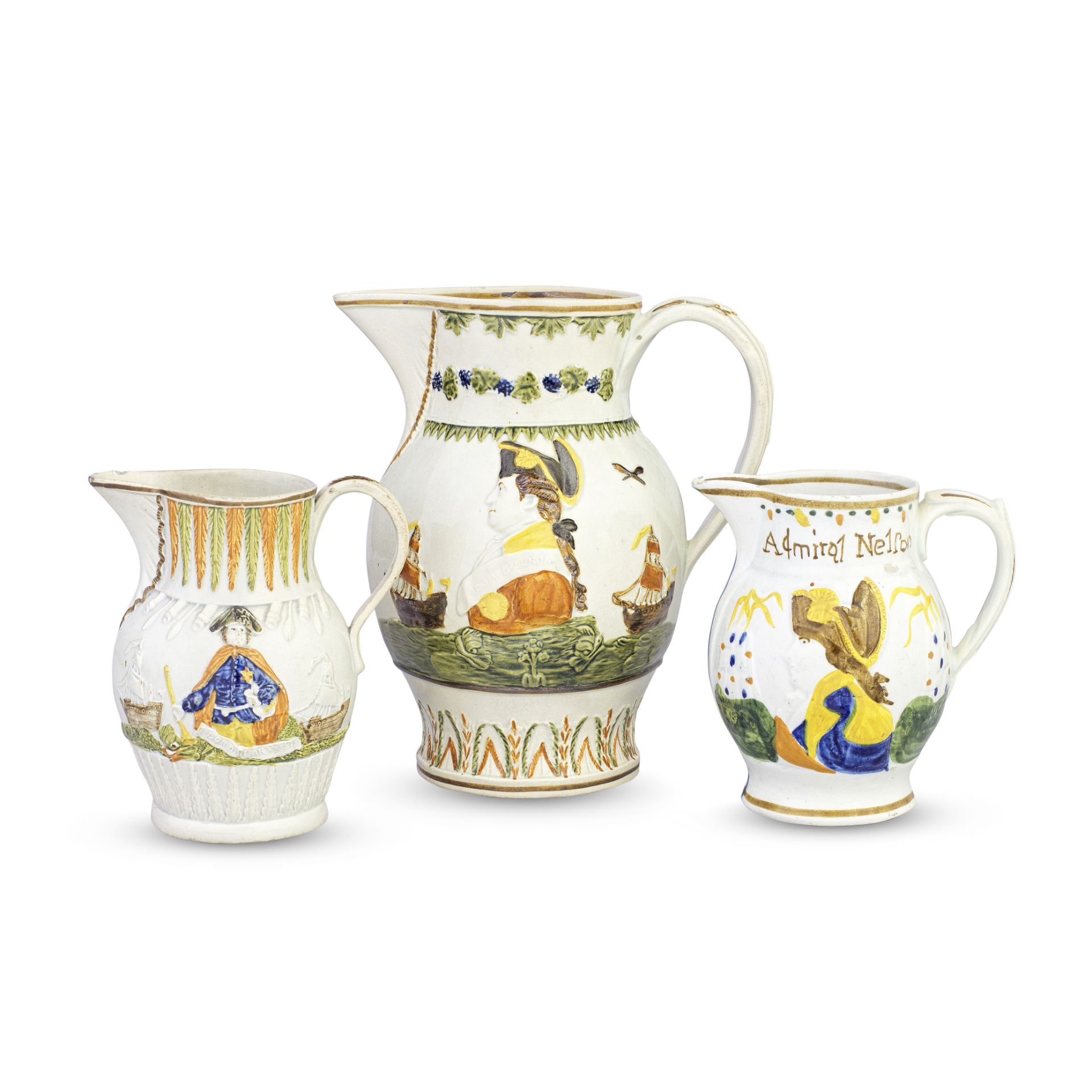 Three Prattware jugs, circa 1800