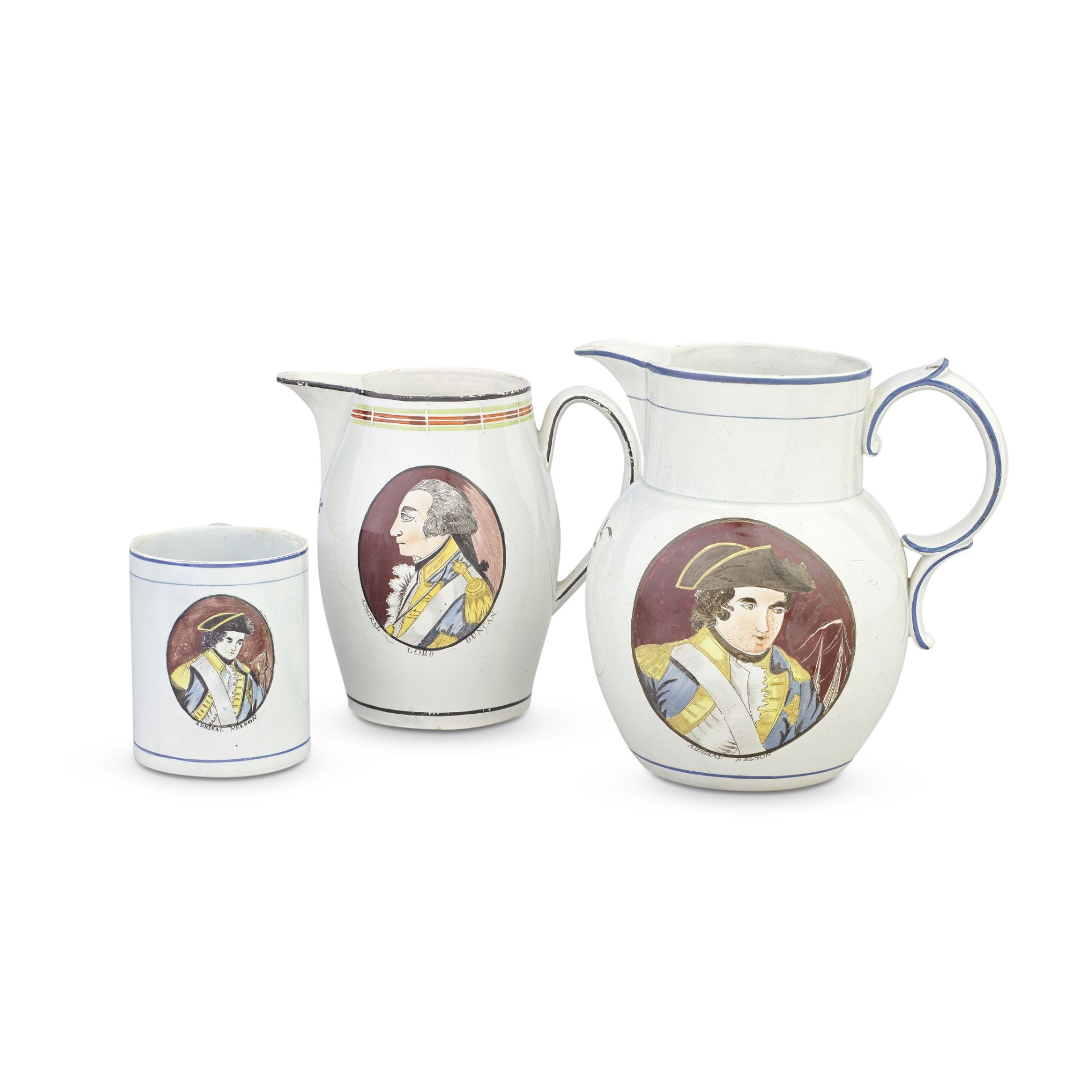 Nelson and Duncan: Two pearlware jugs and a mug, circa 1800