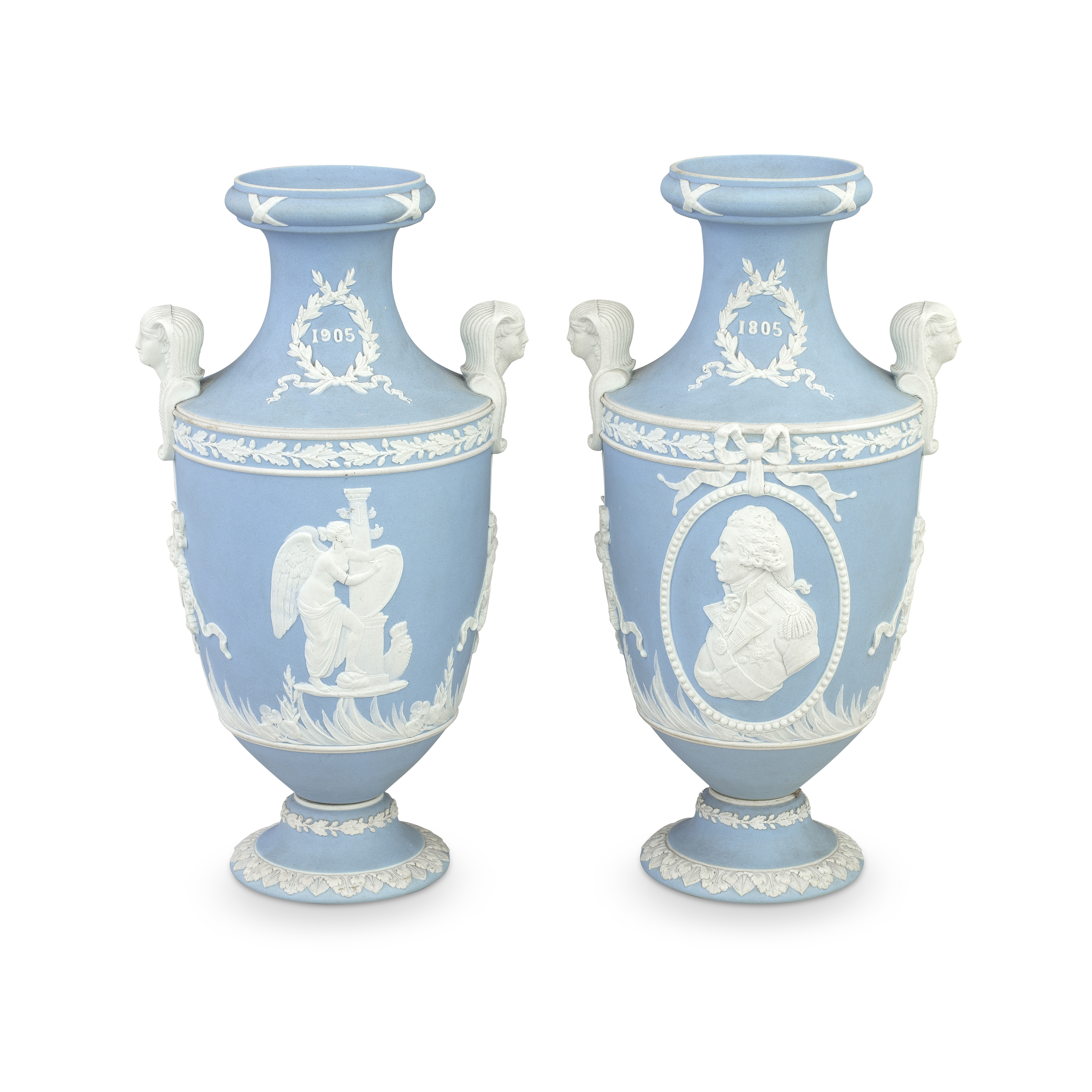 A pair of Wedgwood jasper dip 'Trafalgar' vases, circa 1905