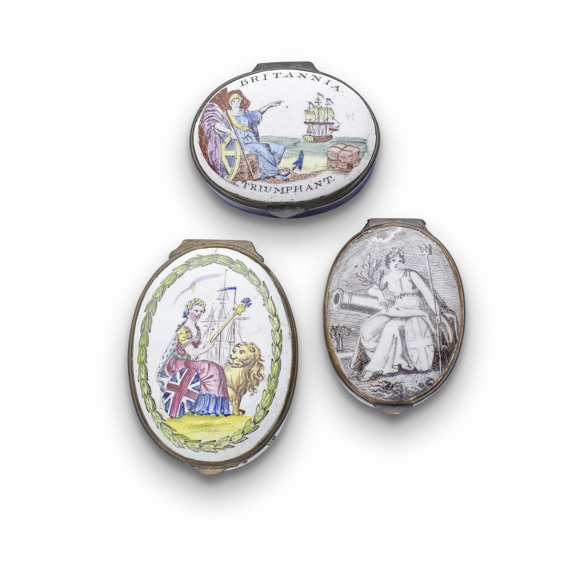 Britannia: Three South Staffordshire enamel patch boxes, circa 1800