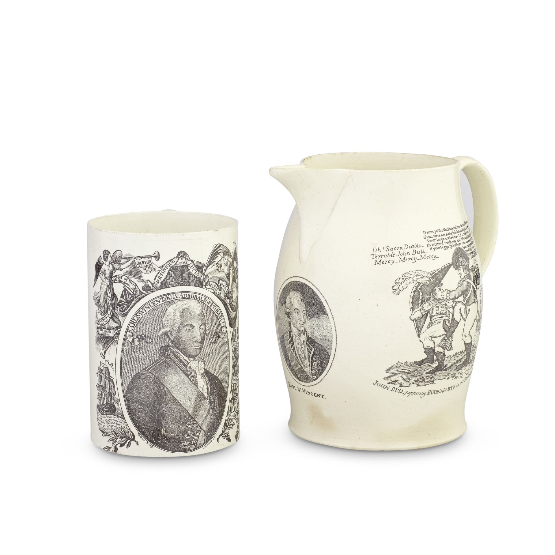 Earl St Vincent: a creamware jug and a large mug, circa 1800-10