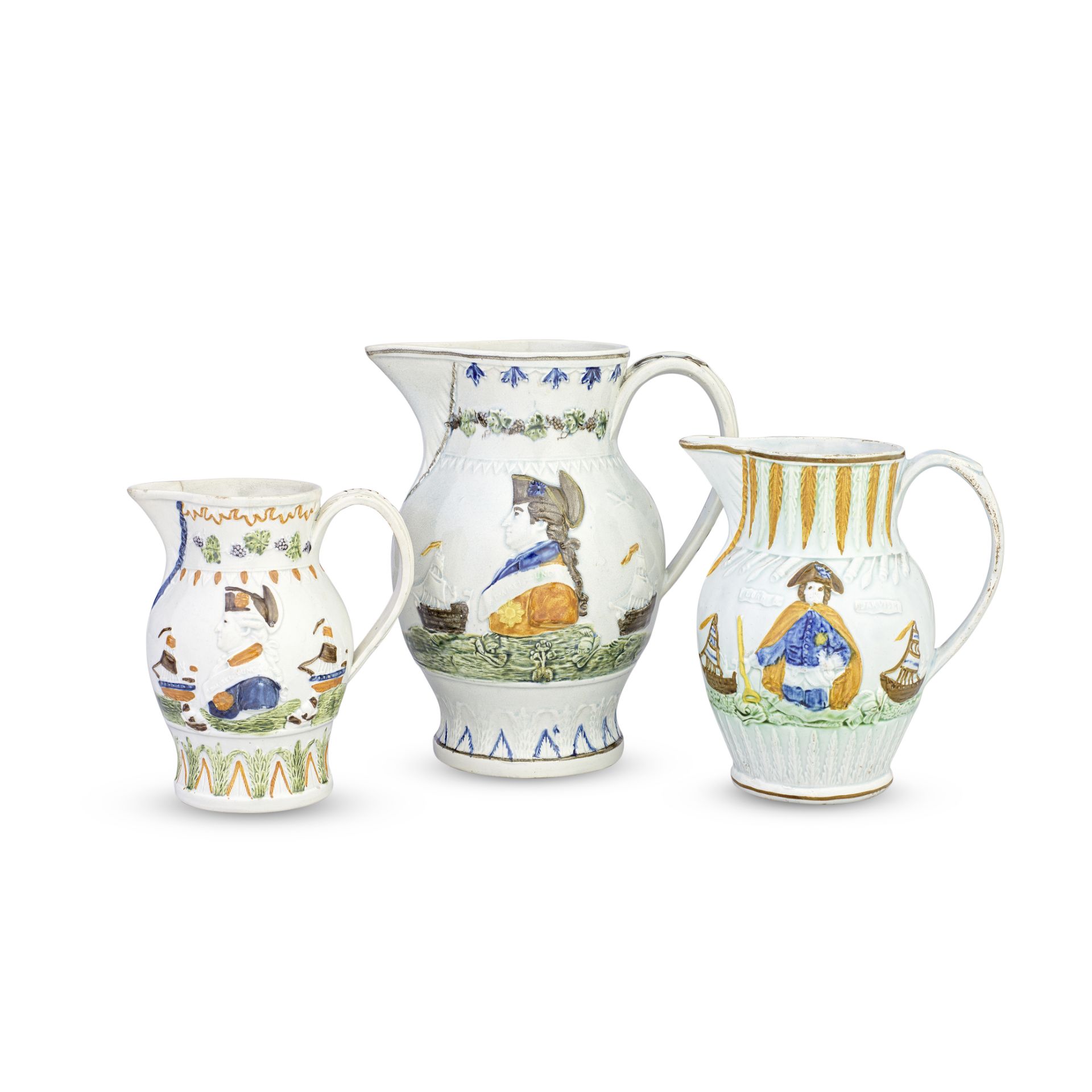 Three Prattware jugs, circa 1800