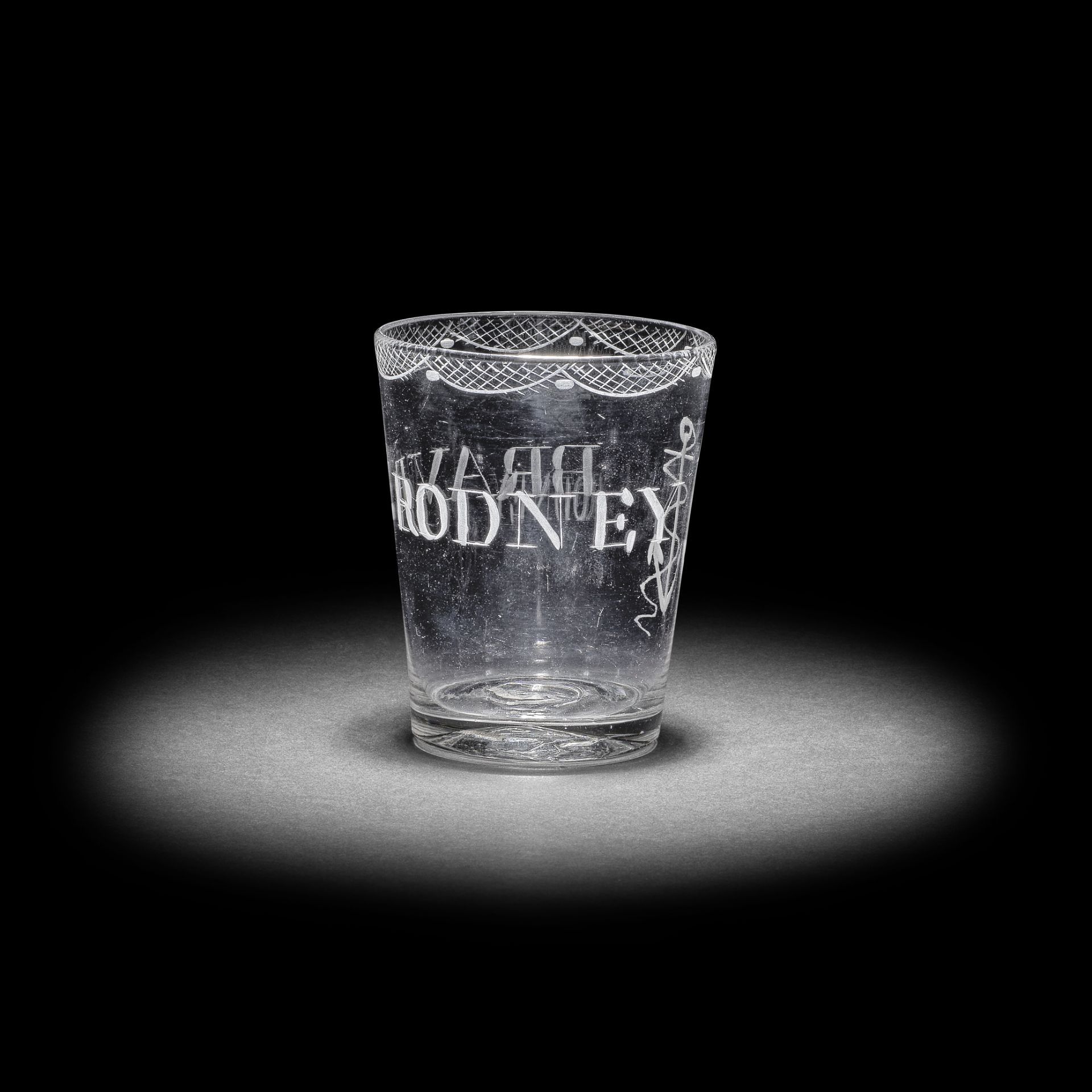 A small engraved Admiral Lord Rodney commemorative tumbler, circa 1780