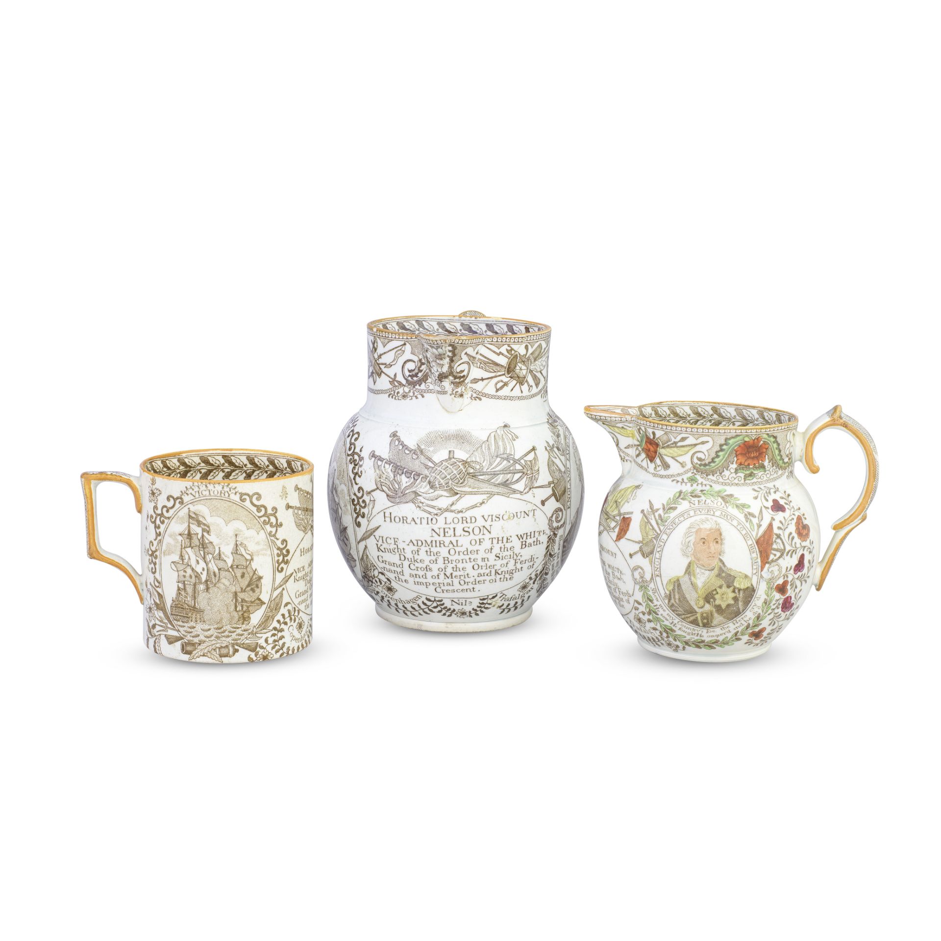 Two pearlware jugs and a mug, circa 1805-10