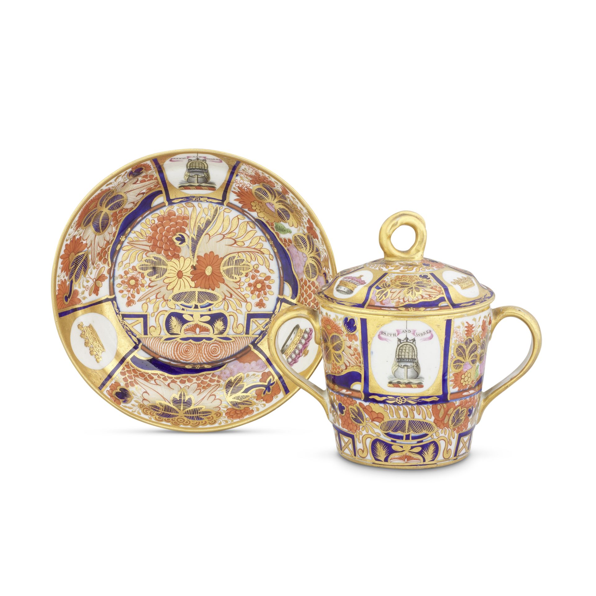 A Chamberlain Worcester chocolate cup, cover and stand from the 'Horatia Service', circa 1802-03
