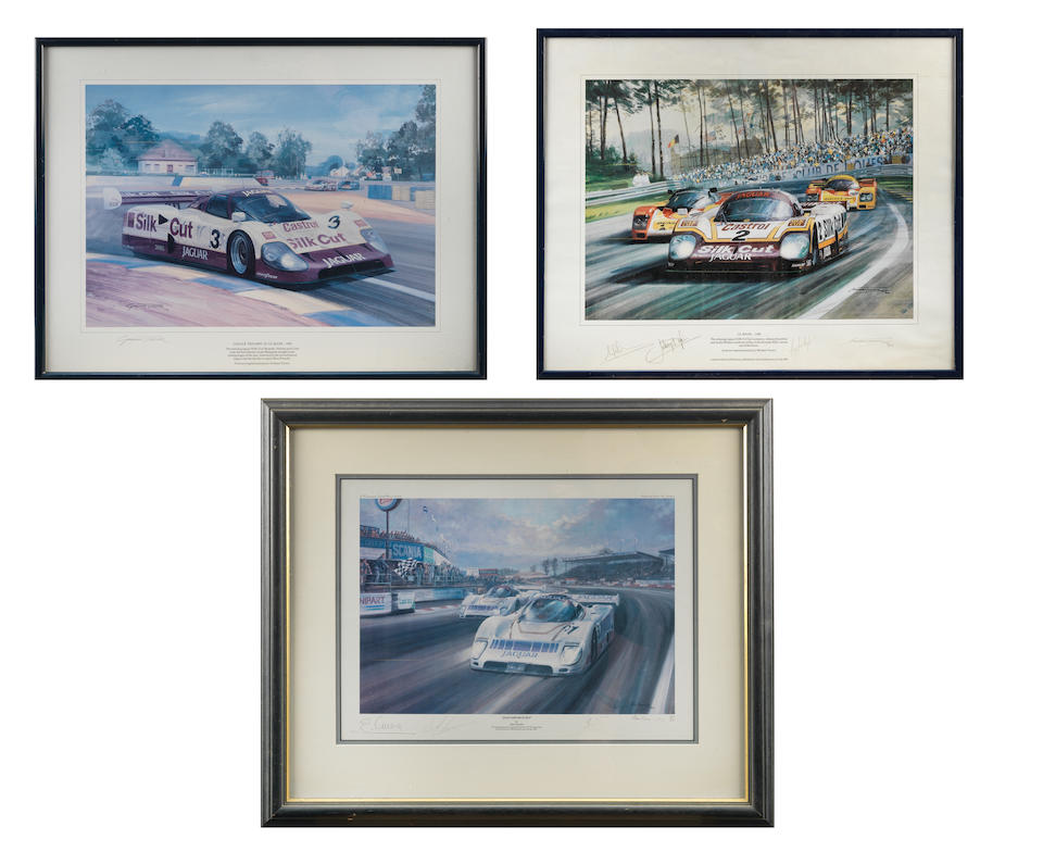 Three framed Jaguar racing prints, ((3))