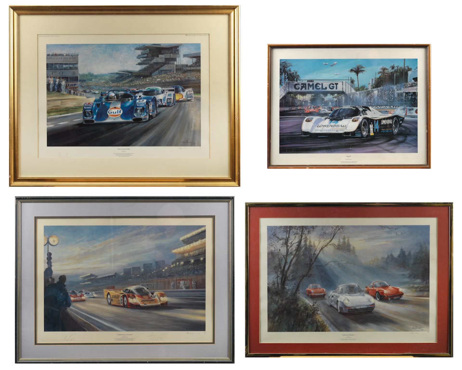 Four framed Porsche racing prints, ((4))